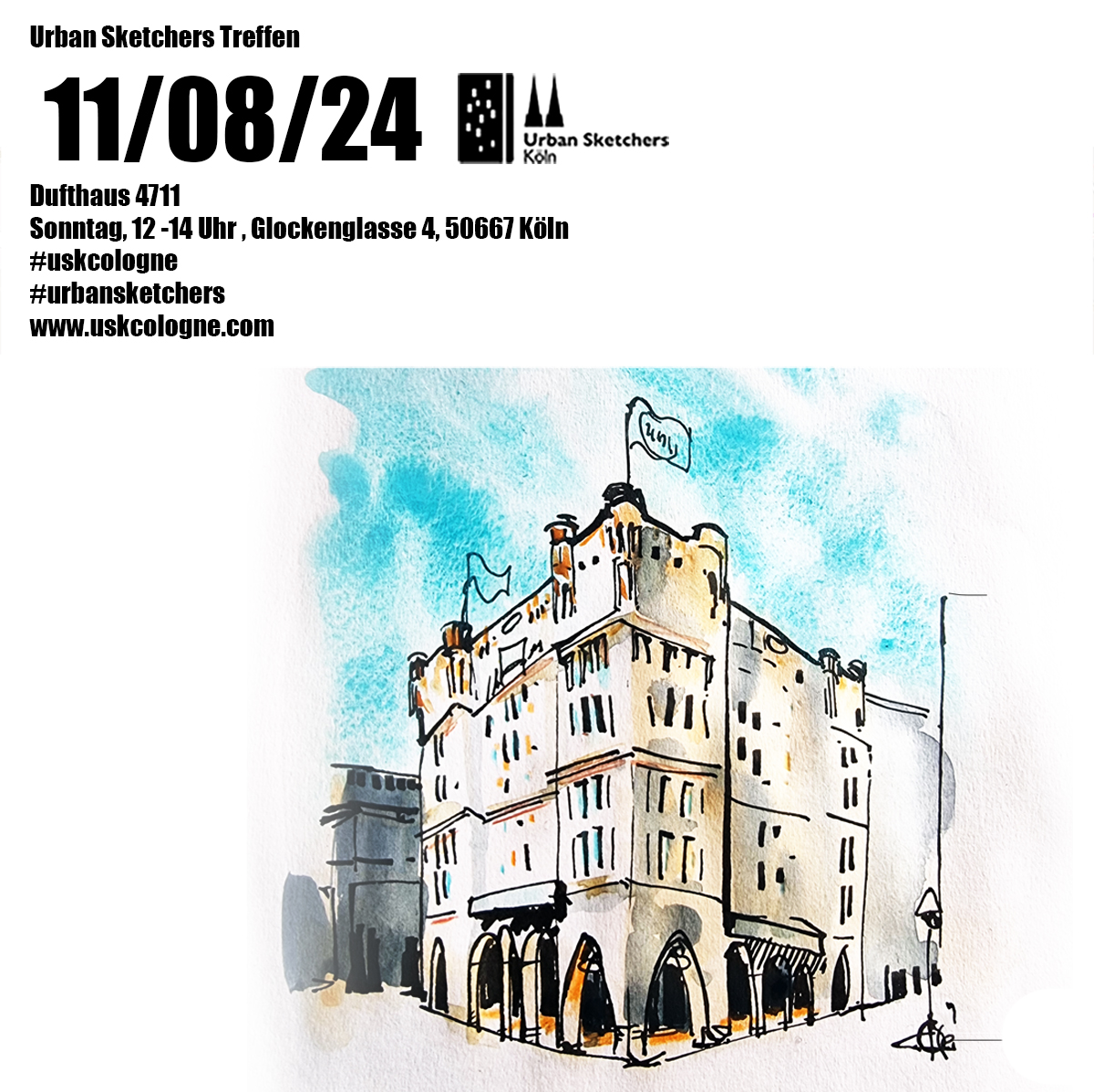 Einladung zum Urban SKetcher Treffen am 4711 Dufthaus am Sonntag, den 11.08.2024, zwischen 12 und 14 Uhr.